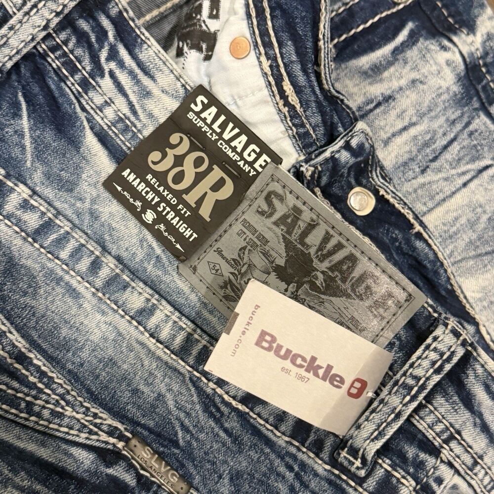 NWT Salvage Buckle Anarchy Straight Jeans Men 38 x 30 Blue Distressed Relaxed